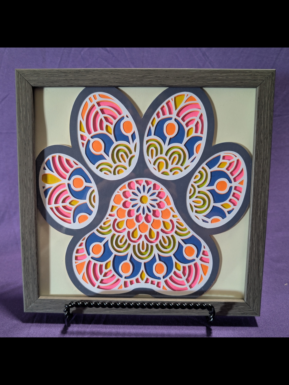 Hand Crafted Pink, Blue & Orange Layered Paw Print Mixed Media Art